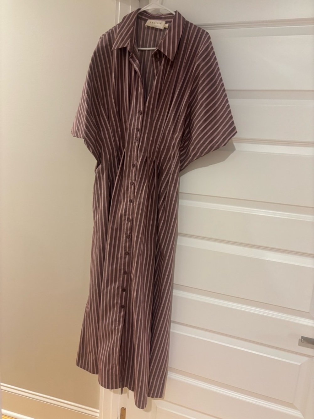 Anthropologie Mauve and White Striped Button-Front Maxi Dress